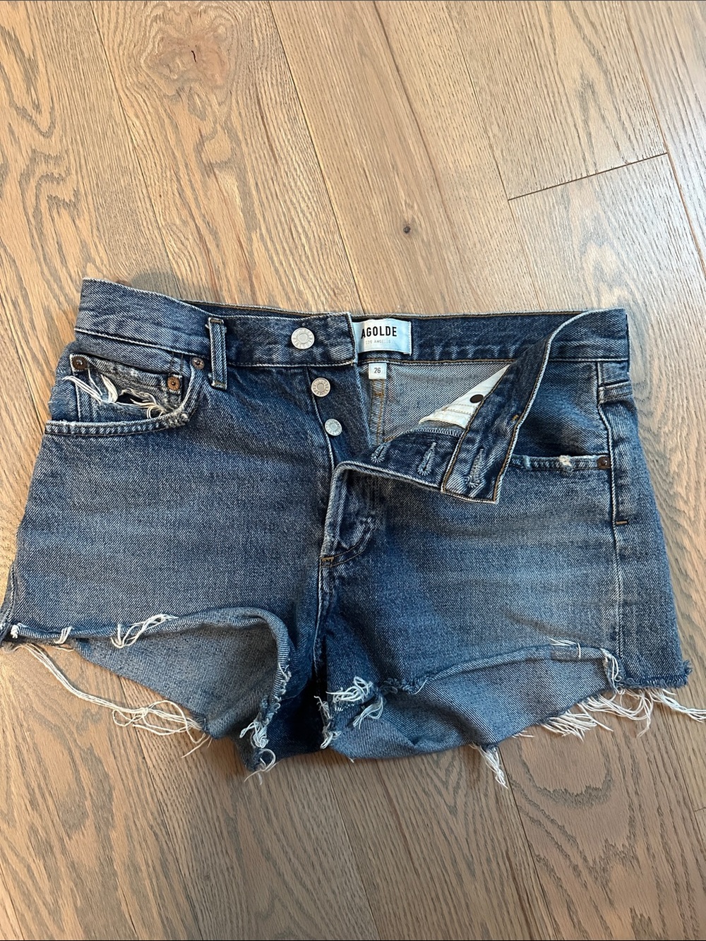 Agolde Frayed Dark Blue High-Rise Denim Shorts